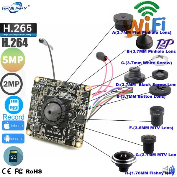 Cámaras 2MP 1080P 5MP HD ONVIF P2P Tamaño 38*38 mm Audio Módulo de cámara IP inalámbrica Mini Wifi SD Slot Sistema de cámara Camhi Home Security System