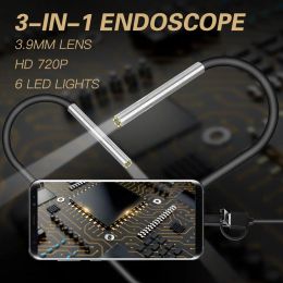 Cámaras Cámara de endoscopio de 3.9 mm Lente Tiny Endoscopio Android 6 Micro USB LED Tipo C 3 en 1 Inspección impermeable para Android PC Borescope
