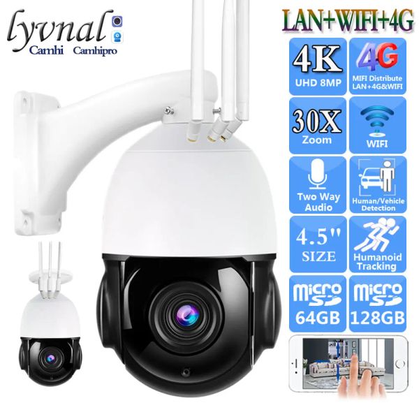 Cámaras 3G 4G Tarjeta SIM UHD 4K 8MP Sony415 Cámara IP inalámbrica WiFi PTZ Dome 30X Auto Zoom Tracking Human SD SD Audio Ir 80m