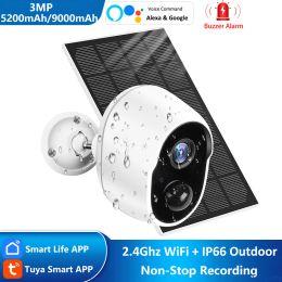 Cameras 3MP Tuya Smart Life 5200 / 9000mAh Batterie rechargeable Solaire extérieur WiFi 1080p Sérendage de surveillance Sirène Alexa Google