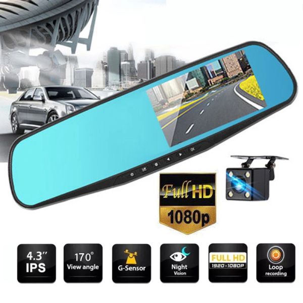 Cameras 4,3 pouces 1080p Full HD Dual Lens Car DVR Dash Cam Front et arrière Miroir Caméra Enregistreur vidéo 170 degrés