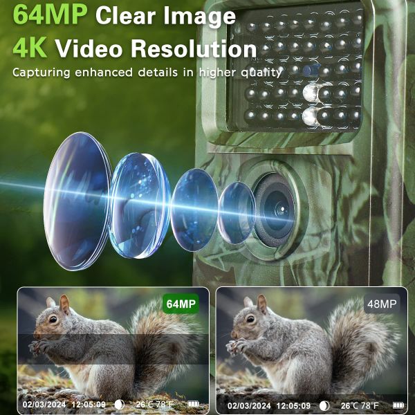 Cámaras Cámara de senderos 4K 64MP con visión nocturna GLOW IP67 Cámara de caza impermeable con pantalla de 2 pulgadas para monitoreo de vida silvestre al aire libre