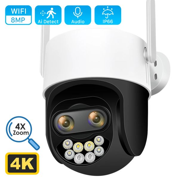 Cámaras 4K 8MP 2.8+12 mm Lente dual PTZ Wifi Camera 8X zoom digital Color nocturno Detección humana Cámara IP CCTV Video Vigilancia