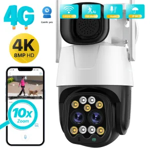Camera's 4K 8mp 4G Sim Card Camera Outdoor WiFi 2,8 mm8mm Dual Lens 10x Zoom IP Camera AI Tracking Audio Security CCTV Camera H.265 Camhi
