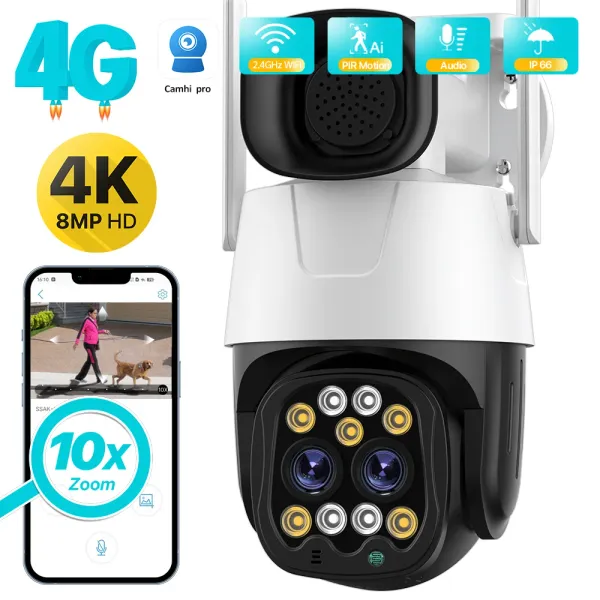 Cámaras 4K 8MP 4G Cámara SIM Cámara al aire libre Wifi 2.8 mm8mm Dual Lente 10x Zoom IP Camera IP Tracking Audio Security CCTV H.265 Camhi