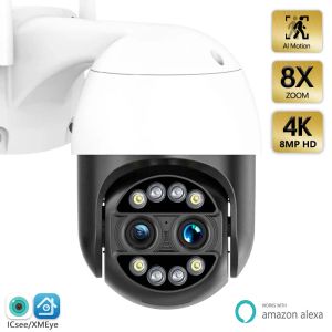 Cameras 4K 8MP CAMÉRICE BINOCULAIRE DE SÉCURITÉ EXTÉRIEUR WIFI PTZ Double Lens 4MP HD Surveillance CCTV IP Camera AI Suivi P2P IP66 ICSEE Alexa