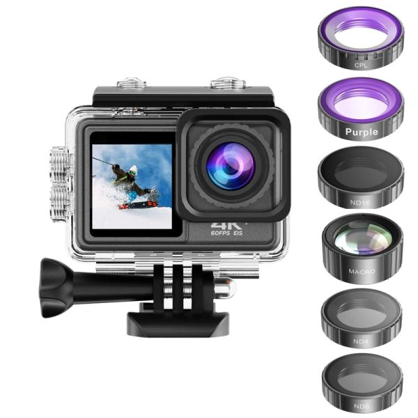 Cámaras 4K HD Acción Cámara 60 fps Dual color de color al aire libre Wifi Sport Camera de 24 mp EIS Antishake Intercambible Filtro impermeable