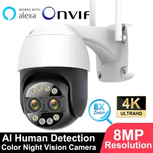 Cameras 4K OUTDOOR WIRESS WiFi Surveillance IP Camera 8x Zoom Ptz Security ONVIF CAMERIE DIAL DUAL COULEUR Vision nocturne AI Détection humaine