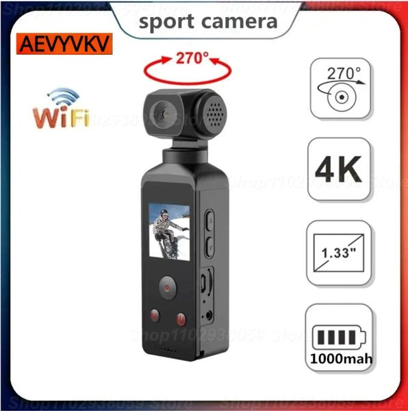 Cámaras 4K Ultra HD Pocket Action Camera 270 ° Vlog Rotatable Wifi Mini Sports Cam Case impermeable Casco Viajamiento Bicicleta