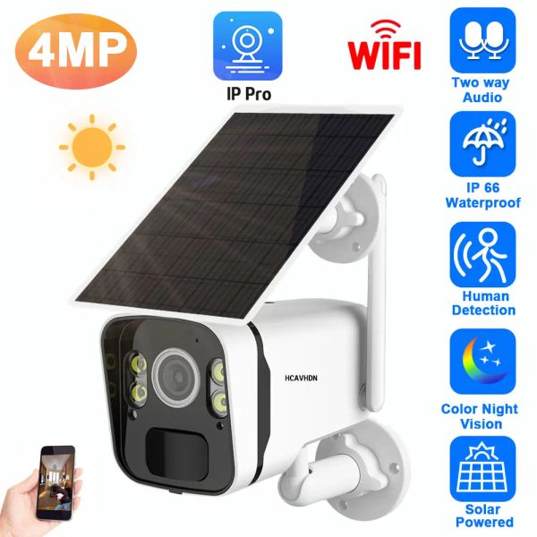 Cámaras Cámara de seguridad de panel solar 4MP Cámara de seguridad al aire libre Visión nocturna Cámara IP de bala inalámbrica con batería recargable de 96000 mAh P2P