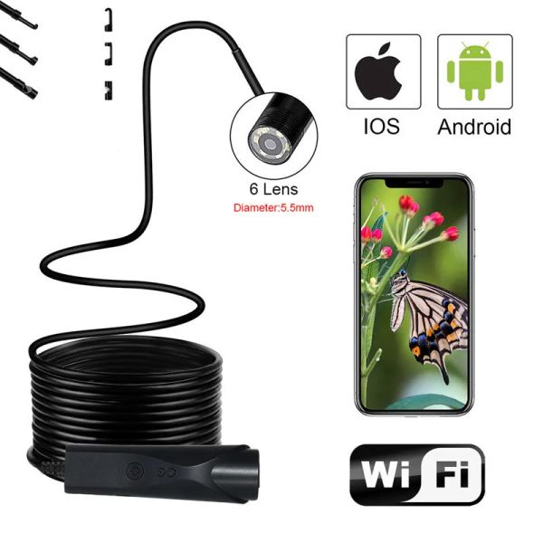 Cameras 5,5 mm 1080p HD WiFi Endoscope Camera pour la voiture Xiaomi Samsung iPhone Android iOS Borescope Snake Inspection avec 6 LED réglable