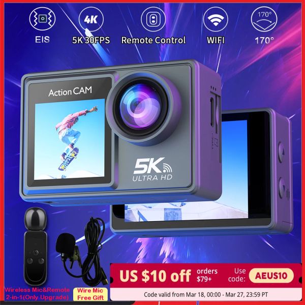 Cameras 5k 4K60fps Action Caméra Dual IPS Touch Touch LCD EIS 170 ° 30M APPERSION 5X ZOOM GO SPORT PRO CAMERIE AVEC COMMANDE MICRÉMOTE WIRE