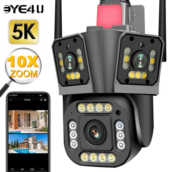 Caméras 5k hd wifi ip caméra 12MP trois écran suivant automatique 10x zoom hybride ptz caméra extérieur 4k 8MP Cams de sécurité Double lentilles de surveillance