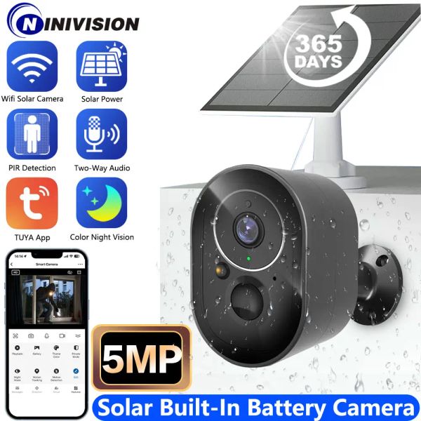 Caméras 5MP WiFi Black Solar Panel Camera Pir Pir Human Detection Surveillance Tuya CCTV Wireless Rechargeable Battery