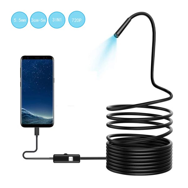 CAMERA 720P 5,5 mm Caméra d'endoscope Flexible IP67 Inspection imperméable Caméra de forage pour Android PC Notebook 6LEDS Réglable