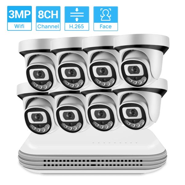 Cameras 8CH 3MP 2K SYSTÈME WIFI WIRESSE MINI WIFI NVR 3MP CAME INDOOR KIT WIFI FACE DÉTECTER DIO COULEUR AUDIO COULEUR NIGHTVISON XMEYE H.265