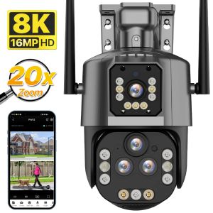 Cameras 8K 16MP HD WiFi IP Camera 20X Zoom Four Lens PTZ Camera Outdoor 4K Dual Screw Motion Detection Security Camera Surveillance