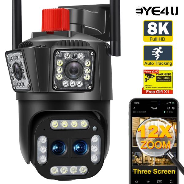 Cameras 8K 16MP IP WiFi Outdoor Camera Four Lens 12x Zoom 5K PTZ VIDEO CAMERA AUTO Suivi de la sécurité Sécurité Protection imperméable Surveillance