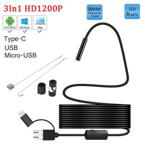 Caméras 8 mm Lens Camera Endoscope HD 1200p IP68 2m tube flexible dur mirco usb typ borescope vidéo inspection pour endoscope Android