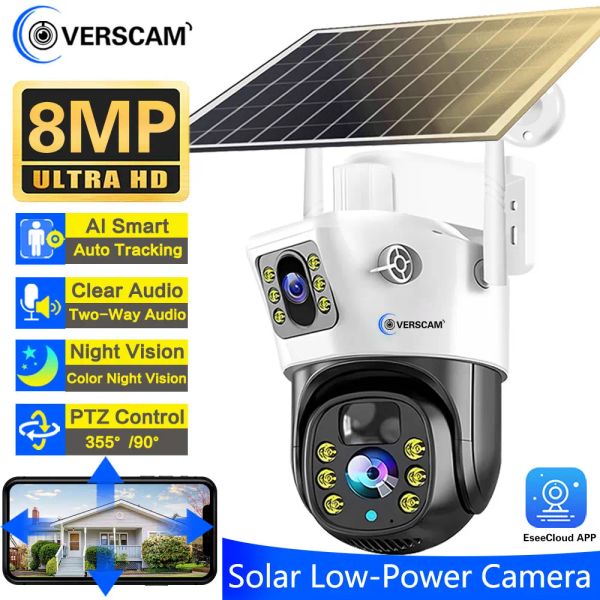 Cameras 8MP 4K Dual Lens Solar Camera Wireless Outdoor Imperproof Pir Tracking Detection CCTV Surveillance Solaire à faible puissance Camara