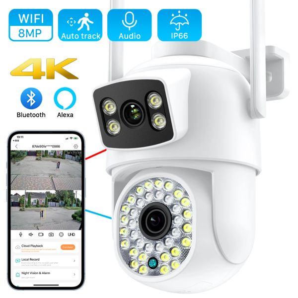 Caméras 8MP 4K Camera WiFi Double Lens Ai Détection humaine Tracking Auto Camera de sécurité sans fil extérieur 4MP Couleur Night Vision Visizarié Caméra