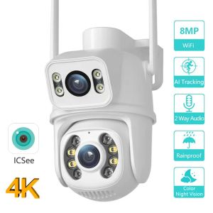 Cameras 8MP 4MP Double objectif double écran wifi caméra étanche couleur IR Vision nocturne Tracking Auto Cloud WiFi Surveillance Caméras ICSEE