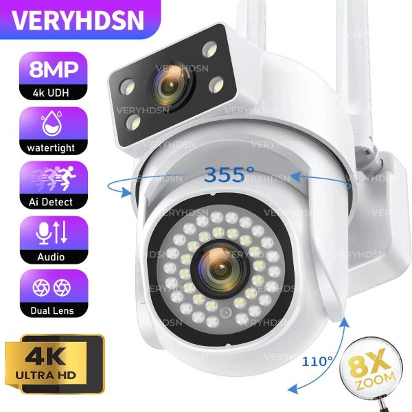 Cameras 8MP 5G PTZ Double Lens Camerie WiFi IP Sécurité Surveillance Double écran vidéo Vision nocturne en pleine couleur