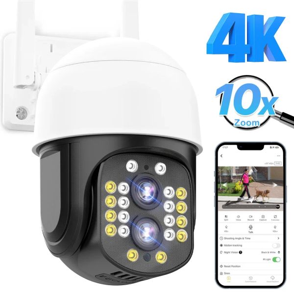 Cámaras Cámara IP de lente dual 8MP 1080p HD Wifi Wireless PTZ Camera 4K 10x Cámara de seguridad de zoom Motaje Dtection Impermevi