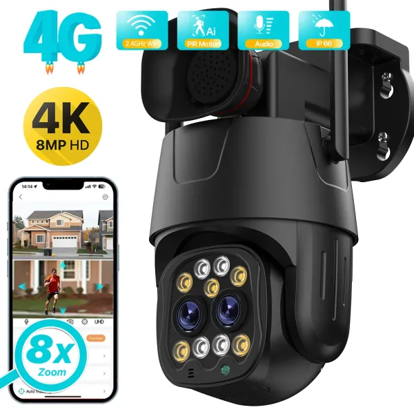 Cámaras 8MP HD 4G SIM Cámara IP Wifi Outdoor 8x Zoom Dual Lente AI Seguimiento humano Seguridad inalámbrica CCTV Video Vigilancia Cámara de vigilancia