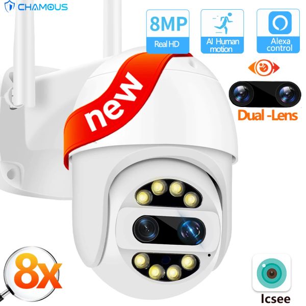 Cameras 8MP PTZ Camera binoculaire IP Camera WiFi Dual Lens 8x Zoom Mini Cam Auto Track Track Wireless Video Surveillance Icsee Alexa Security