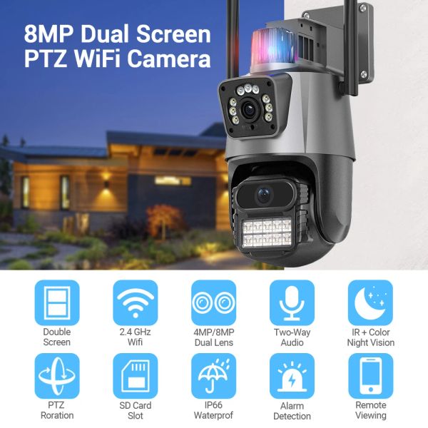 Cameras 8MP Two Lens WiFi IP Camera 4x Zoom Outdoor 4K HD Screen PTZ Camera Auto Tracking Sécurité CCTV CAME CAME P2P