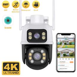 Cameras 8MP4K Dual Lens double écran wifi caméra imperméable couleur IR Vision nocturne Suivi de suivi automatique Cloud WiFi Surveillance Caméras ICSEE Application