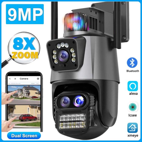 CAMERA 9MP WiFi IP Camera Outdoor 4K 8MP Sécurité Cam Trois Lens 8x Zoom Video Subriction Dome AI Suivi Double Lens CCTV ICSEE CAM