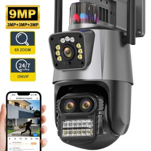 Cameras 9MP WiFi IP Camera Outdoor Suivi Auto Suivi PTZ 8X Zoom double écran Three Lens Security Camera Supernance Caméras Bluetooth NVR