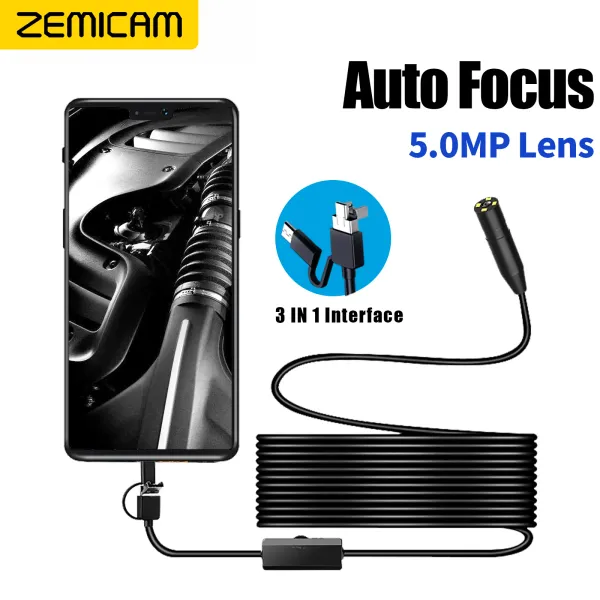 Cameras Auto Focus Endoscope Camera 5.0MP HD1944P 3IN1 TYPEC Micro USB Industrial Borescope IP68 IP68 4 LEDS pour Android PC AN100