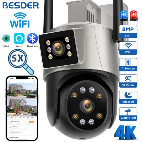 Cameras Besder 8MP 4K CAME WIFI CAMERIE EXTÉRIEUR PTZ Double écrans Vision nocturne Détection de CCTV Surveillance 4MP Security IP Camera ICSEE App