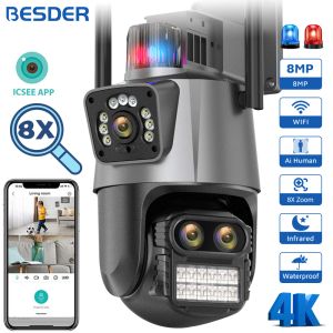 Cámaras Besder 8MP Wifi Camera PTZ 8x zoom digital Visión nocturna Pantallas duales Al aire libre 4MP Security Protection CCTV Vigilancia IP Cámara IP