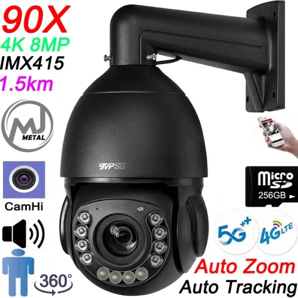 Cámaras Black Auto Tracking Camhi 8MP 4K infrarrojo 256G 90X óptico zoom audio 360 ° Alarma Wifi 4G 5G SIM Cámara de seguridad PTZ IP con cable