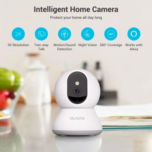 Caméras Blurams Security Camera, 2k caméra intérieure Caméra pour animaux de compagnie 360 degrés pour le suivi du mouvement de sécurité à domicile, 2WAY Audio, IR Night Vision