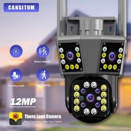 Camera's Cansitum Drie scherm 6K 12MP WiFi IP Outdoor Camera Motion Tracking PTZ Video CCTV Camera Three Lens Waterdicht beveiligingssysteem