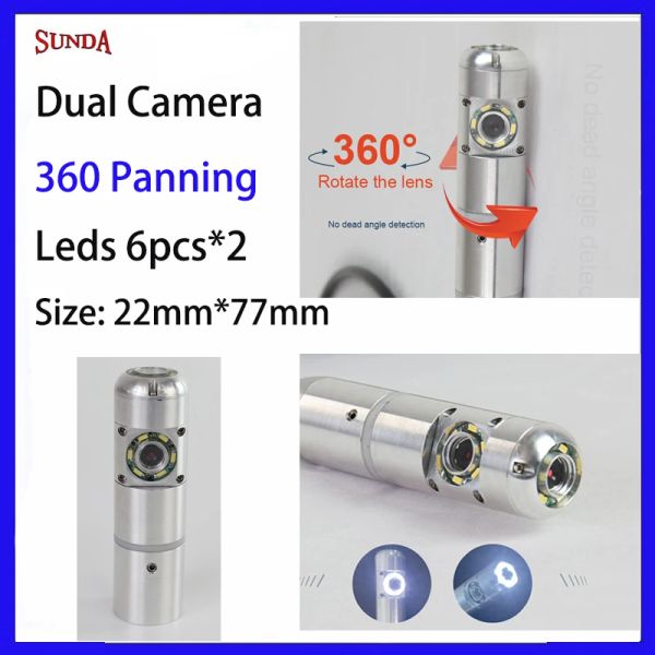 Cameras Double caméra Double objectif Horizontal 360 Rotation Rotation Aluminium Coquille d'alliage étanche IP68 Diamètre 22 mm Inspection de tuyau Endoscope CAM