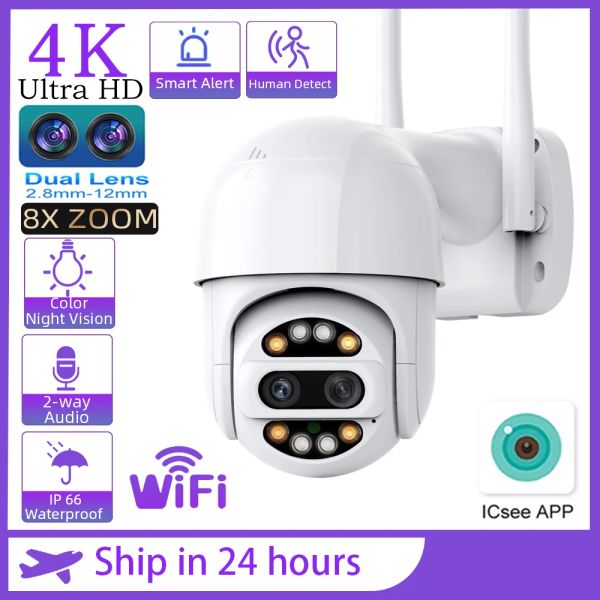 Cámaras Lente dual 8x Zoom 4K 8MP PTZ IP Wifi Cámara de 2.8 mm 12 mm AI Human Tracking Human Videovanilance Camera CCTV CCTV Camera