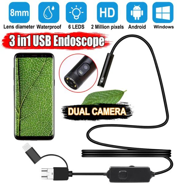 Caméras Double Lens Endoscope 2MP 1080p pour Android Phone Endoscope Camera 8 mm IP67 Cable Cabine USB C avec LED Light Borescope