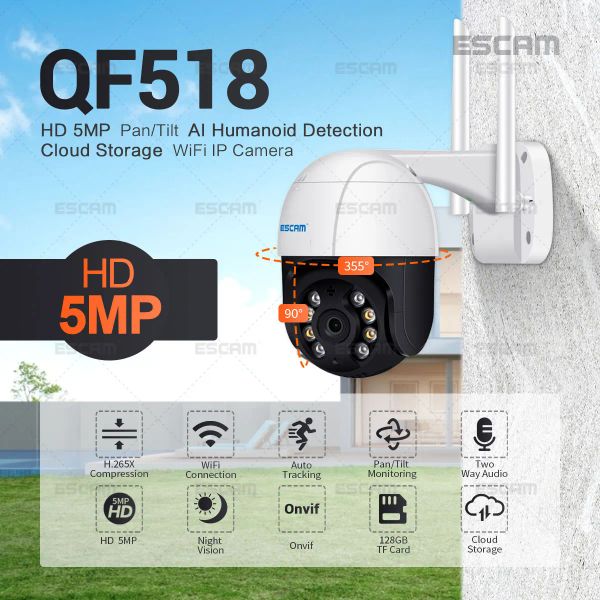 Cameras ESCAM QF518 5MP PAN / TILT AI Humanoid Detection Auto Tracking Cloud Storage WiFi IP Camera avec une vision nocturne audio bidirectionnelle