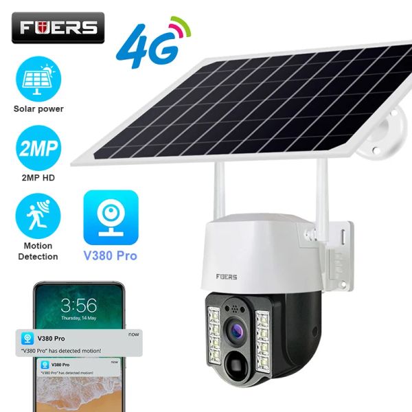 Cámaras FUERS 4G SIM Tarjeta LTE 2MP Solar PTZ Cámara de seguridad Camera CCTV Vigilancia Color nocturno Visión de movimiento Detección de seguimiento automático