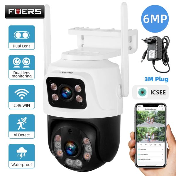 Cameras Fuers 6MP Wireless Outdoor WiFi Dual Lens Camera Camera Home Security Camera Video CCTV Surveillance onvif icsee Camera DualScreen