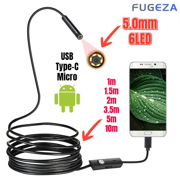 Cámaras Fugza Mini Cámara de endoscopio impermeable Endoscopio Ajustable Ajuste de alambre suave 6 LED 5.5 mm Camea de inspección USB de Android USB para automóvil