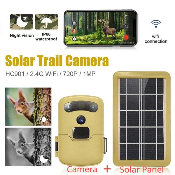 Cameras HC901 WiFi Trail Camera + Panel solaire Panneau d'énergie extérieure Cam infrarouge Wildlife Pip Night Vision Game Game Monitor