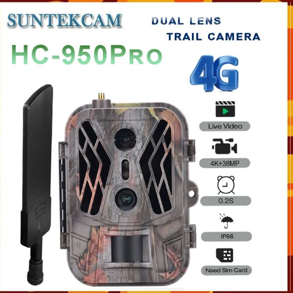 Cameras HC950pro 4G 36MP 4K Streaming en direct Night Vision Cloud Storage Internet Double Lens Hunting Trail Camera Video Téléamera IP65
