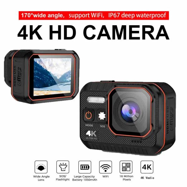 Caméras HD 4K Action Caméra 170 degrés WiFi 30fps Video Professional Support Nightshot Étui de caméra de plongée imperméable pour la vidéo YouTube